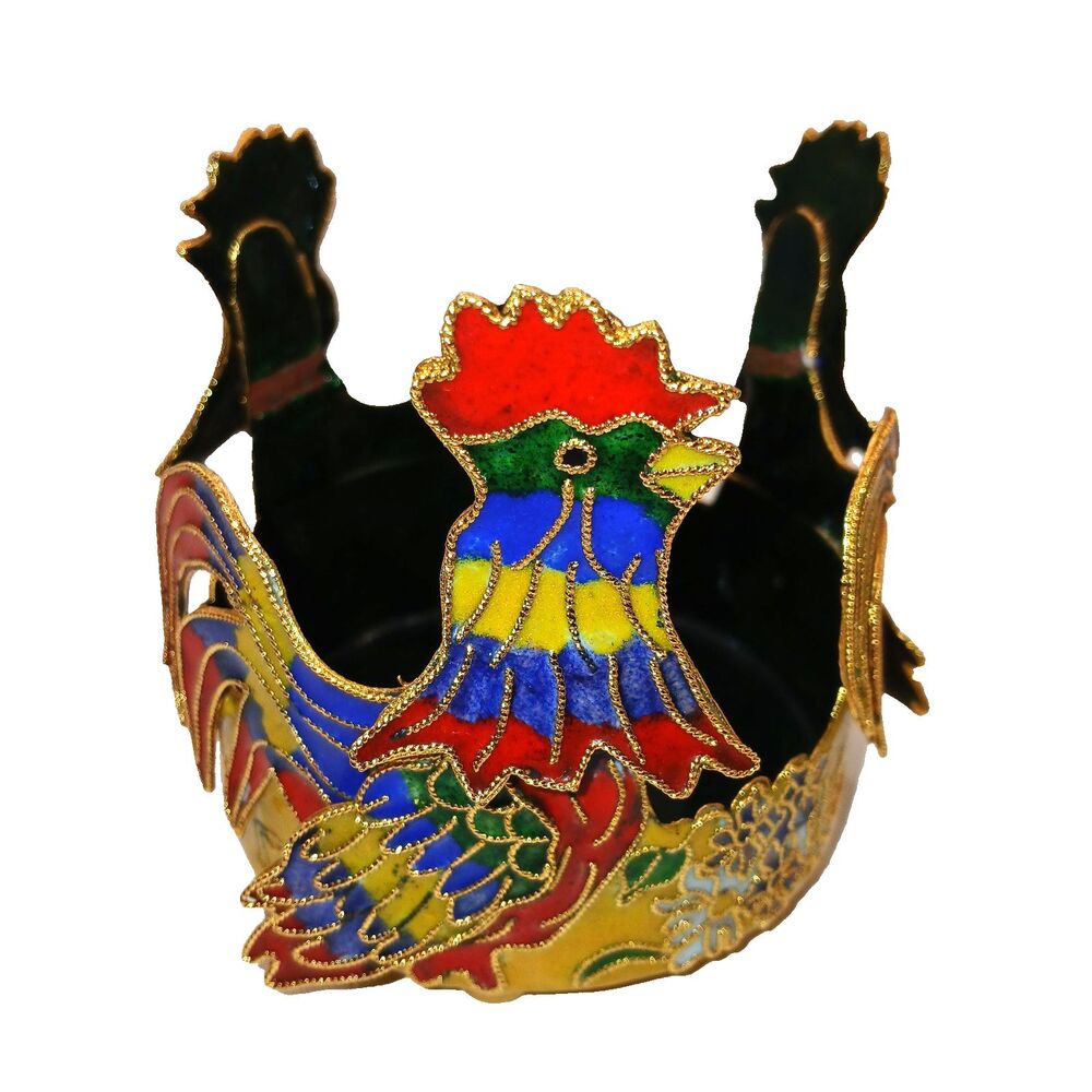 Vintage Cloisonne Roosters Pillar Candle Holder Red Green Yellow Enamel 3.5 in